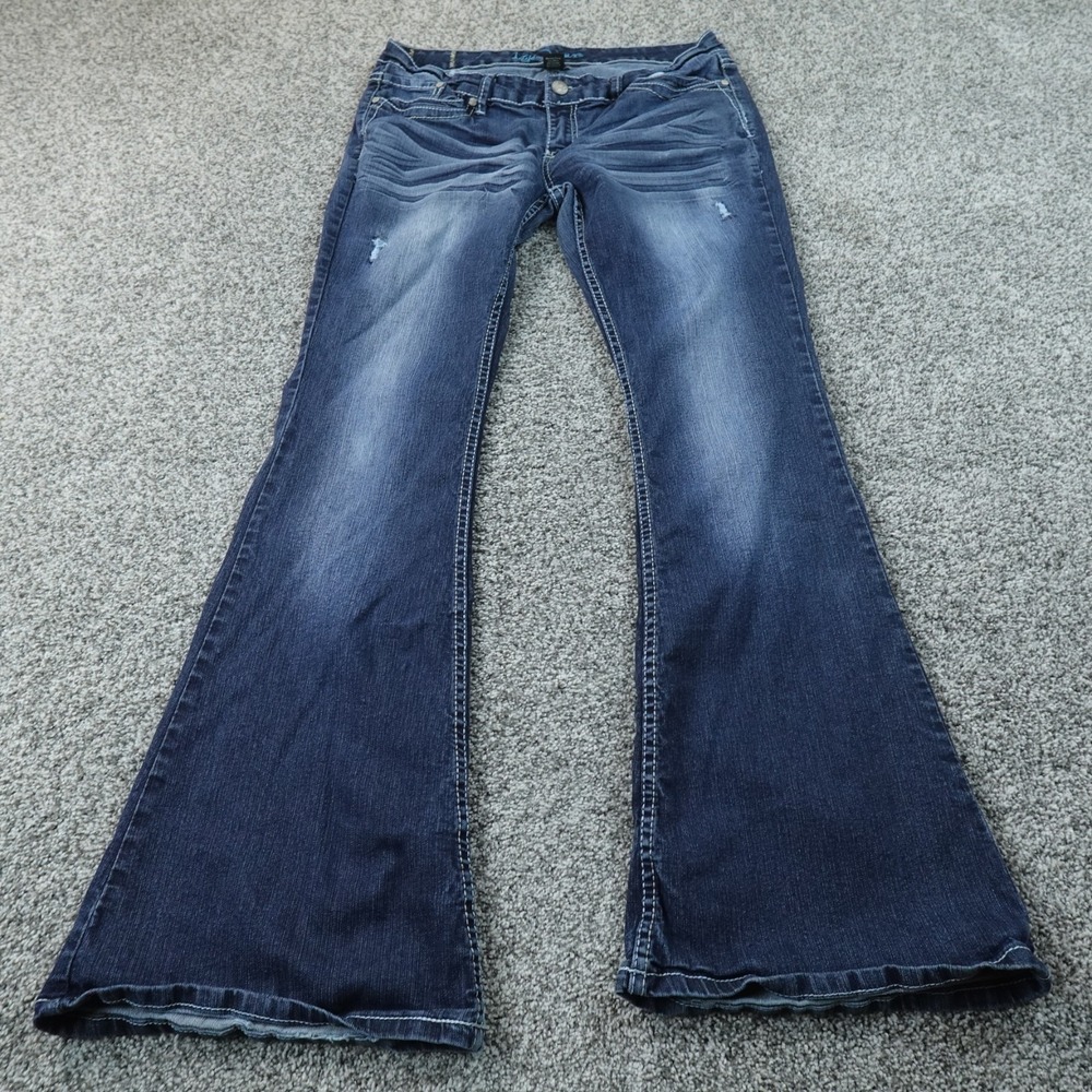 Ariya Jeans Womens 13 Dark Blue Denim Pants Low Rise Flare Bell Stretch Fade Y2K